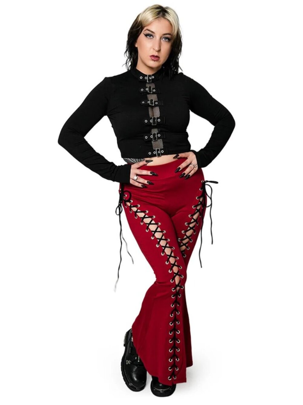 Forest Ink Blood Red Alice Lace Up Flare Pants Size Petite Small Punk Rock Rave